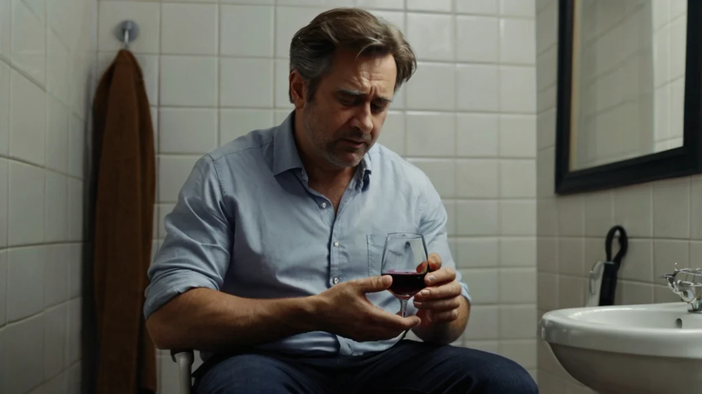 man sitting on a toilet seat in pain holding a glass of prune juice 1